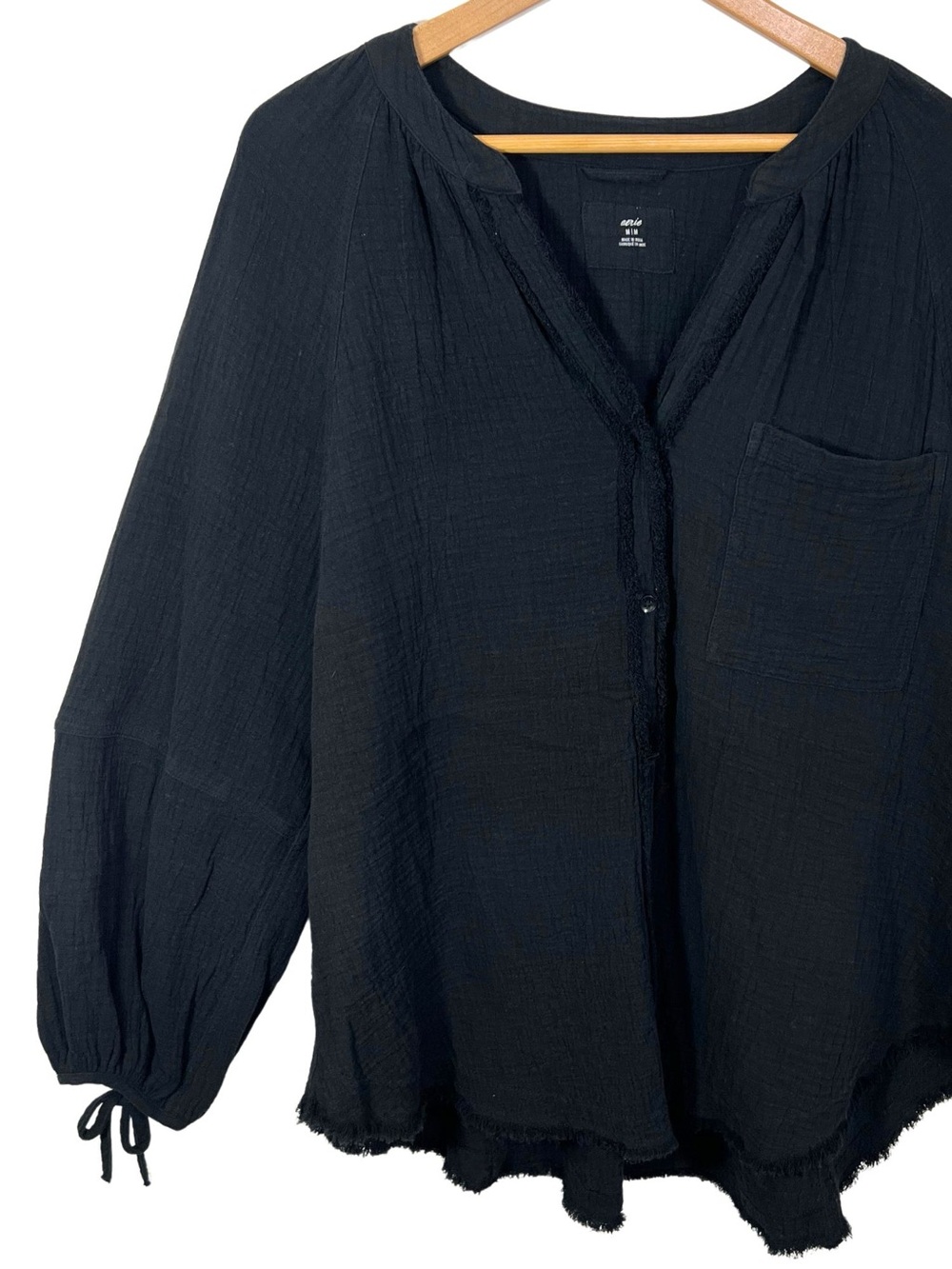 Aerie Black Gauze Peasant Tunic Top Boho Long Sleeve Frayed Hem Medium Cotton